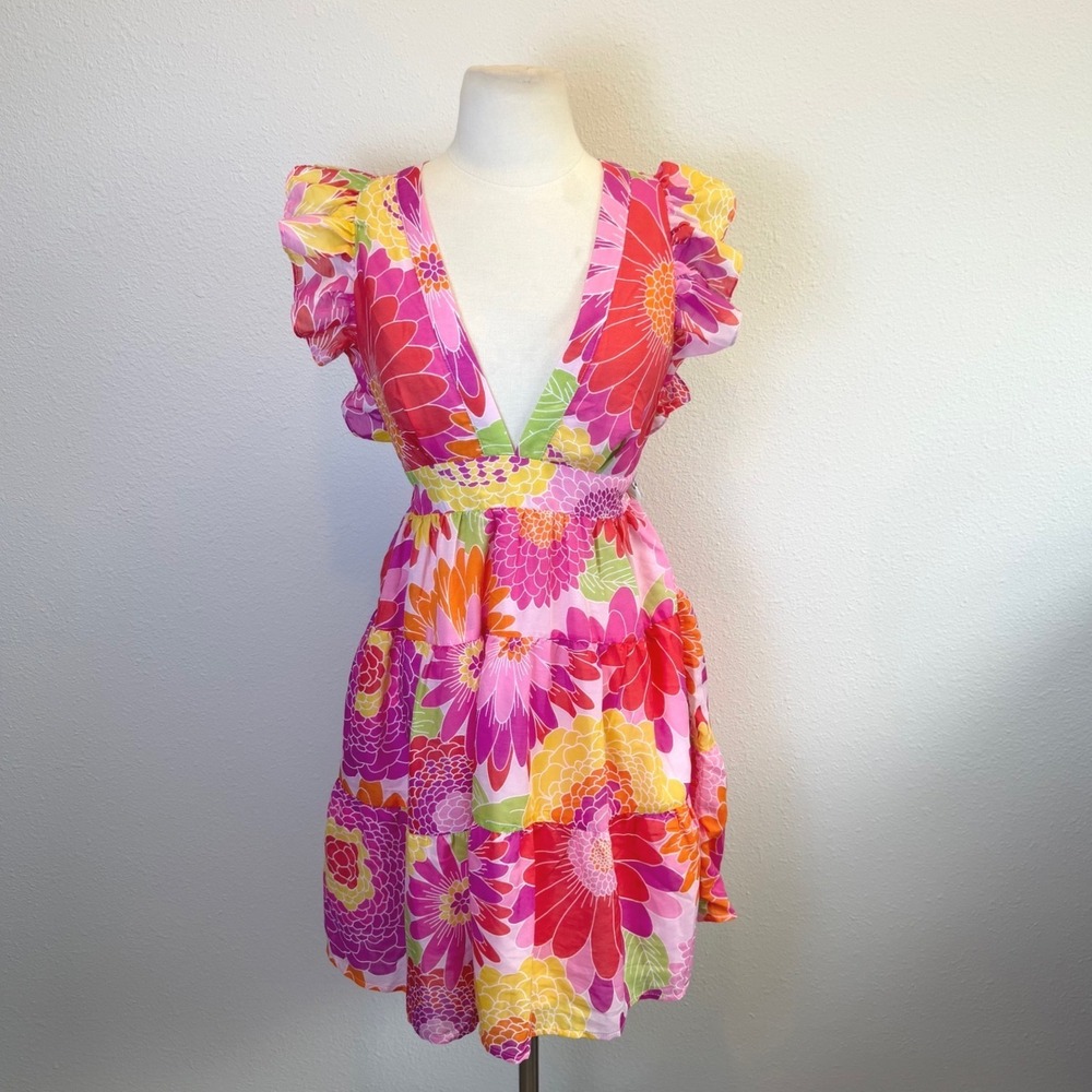 NWT J Marie Leilani Cross Back Tiered Mini Dress Womens Small Floral Coquette
